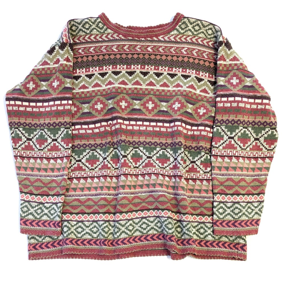 Sigrid Olsen Vintage Geometric Fair Isle Knit Sweater Burgundy Green Large